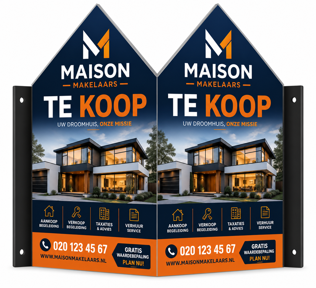 Makelaarsbord 'Te koop' — dubbelzijdig V-bord in huisstijl